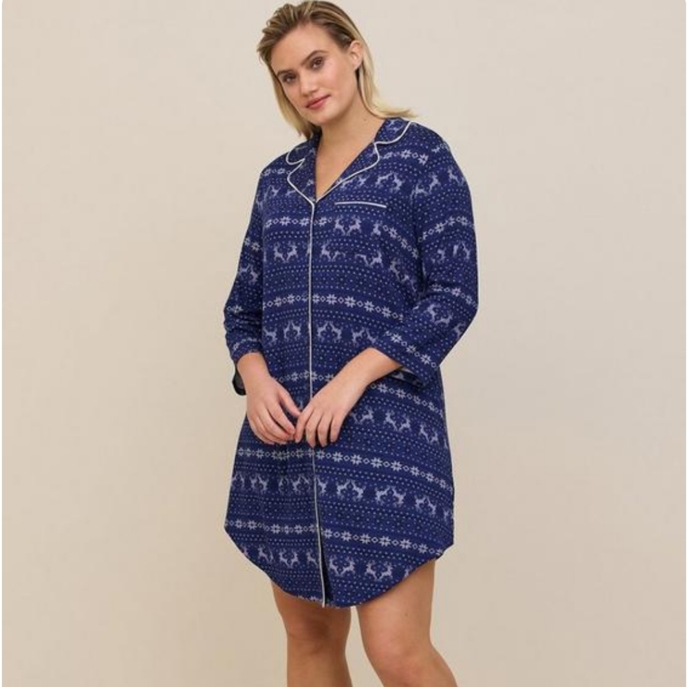 Torrid Sleep 1X Blue Fair Isle Night Shirt Dress Deer Print Sleepgown NEW - Picture 3 of 13